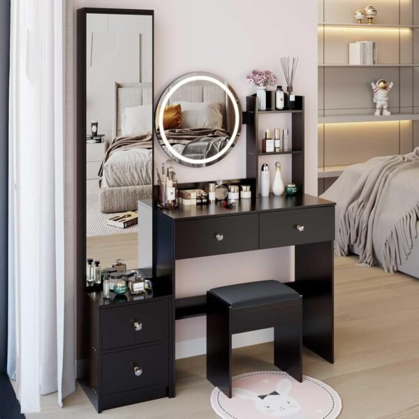 Grab the best Makeup Vanity Desk LED Light Mirror, Full Length Mirror Cabinet 4 Drawers, 3 Modes, Adjustable Color Brightness Dressing Table for Women Bedroom, Black (Black) - Image 7