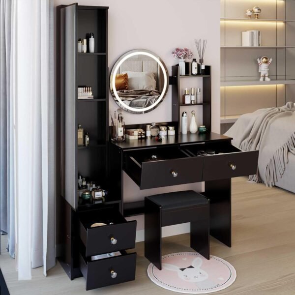 Grab the best Makeup Vanity Desk LED Light Mirror, Full Length Mirror Cabinet 4 Drawers, 3 Modes, Adjustable Color Brightness Dressing Table for Women Bedroom, Black (Black) - Image 8