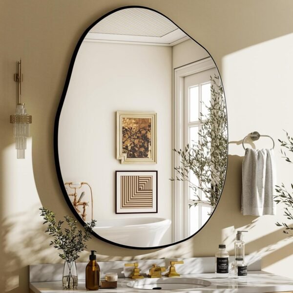 Explore affordable Harritpure Irregular Wall Mirror 24"x32" Black Asymmetric Bathroom Mirror Wood Framed Modern Decorative Vanity Mirror Living Room Entrance for Living Room - Image 3