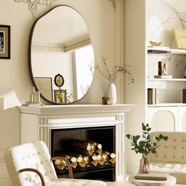 Explore affordable Harritpure Irregular Wall Mirror 24"x32" Black Asymmetric Bathroom Mirror Wood Framed Modern Decorative Vanity Mirror Living Room Entrance for Living Room - Image 5