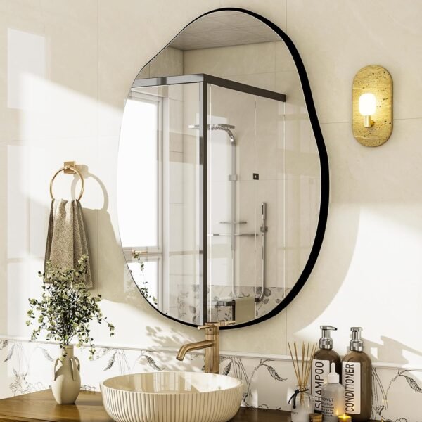 Explore affordable Harritpure Irregular Wall Mirror 24"x32" Black Asymmetric Bathroom Mirror Wood Framed Modern Decorative Vanity Mirror Living Room Entrance for Living Room - Image 8