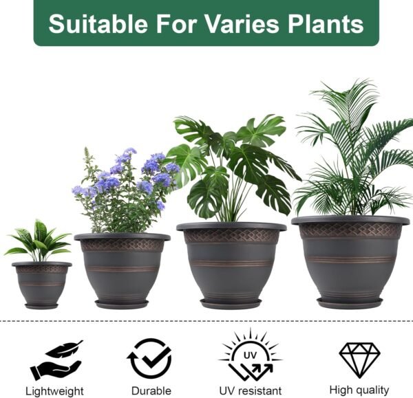 Grab the best 10 inch 4 pack large plant pot, plastic flower pot for outdoor and outdoor use, drain holes and saucers, plaid pattern APLANRS garden pot for herbs - Image 6