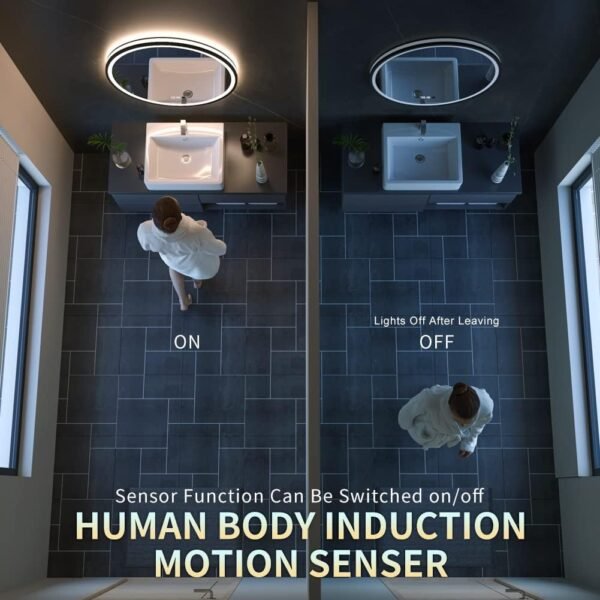 Grab the best LED Sensor Mirror, Round Human Body Induction, Black Frame Vanity Mirror, Dim Fog IP44 Waterproof Wall Mount Mirror with Light (28"L x 28" w) - Image 3