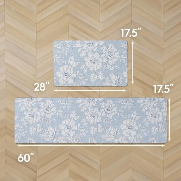Explore the best Laura Ashley-Anti-Fatigue Kitchen Mat, Iris Floral Design, Stain, Water & Fade Resistant, Cooking & Standing Relief, Non-Slip Backing, 2 Piece Set: 17.5"x60"/17.5"x28" Light Blue Iris - Image 3