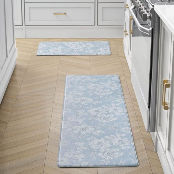 Explore the best Laura Ashley-Anti-Fatigue Kitchen Mat, Iris Floral Design, Stain, Water & Fade Resistant, Cooking & Standing Relief, Non-Slip Backing, 2 Piece Set: 17.5"x60"/17.5"x28" Light Blue Iris - Image 8