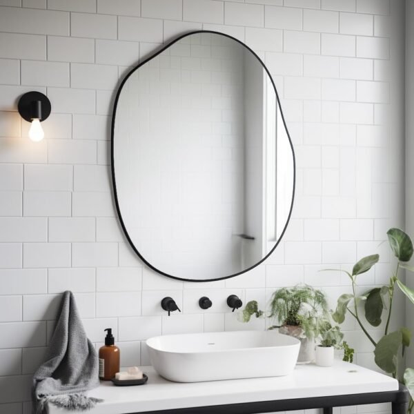 Order the best 24"x32" Irregular Black Oval Bathroom Mirror Asymmetric Aesthetic Framed Vanity Mirror For Living Room Bedroom Entrance - Image 6