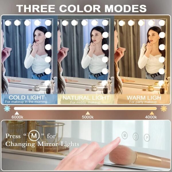 Explore recommended Cot Bavanity Mirror with Light, 18 Dimmer Bulb, Hollywood Mirror, 3 Color Lighting, USB Charging Port Touch Control, Metal Frame (27.5"x21.6" - Image 3