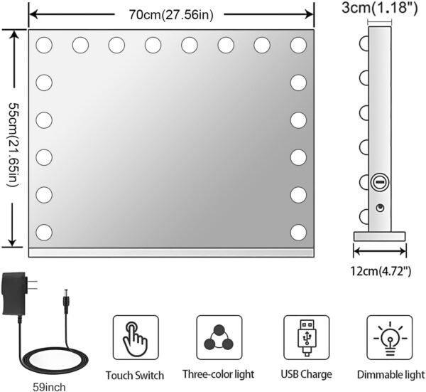 Explore recommended Cot Bavanity Mirror with Light, 18 Dimmer Bulb, Hollywood Mirror, 3 Color Lighting, USB Charging Port Touch Control, Metal Frame (27.5"x21.6" - Image 7