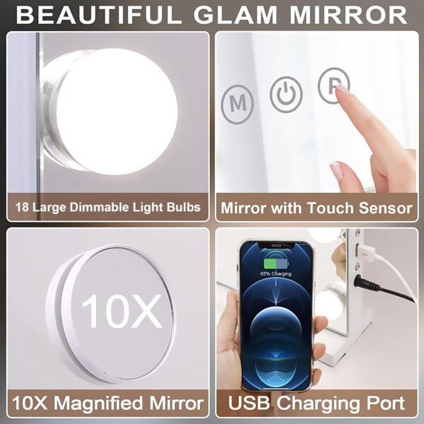 Explore recommended Cot Bavanity Mirror with Light, 18 Dimmer Bulb, Hollywood Mirror, 3 Color Lighting, USB Charging Port Touch Control, Metal Frame (27.5"x21.6" - Image 8