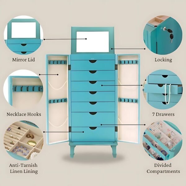 Grab recommended Hibernate and Honey Cab Standing Jewelry Armor - Lock wooden jewelry storage with imitation, 7 drawers, necklace hooks, anti-talnish lining talcoise - Image 4