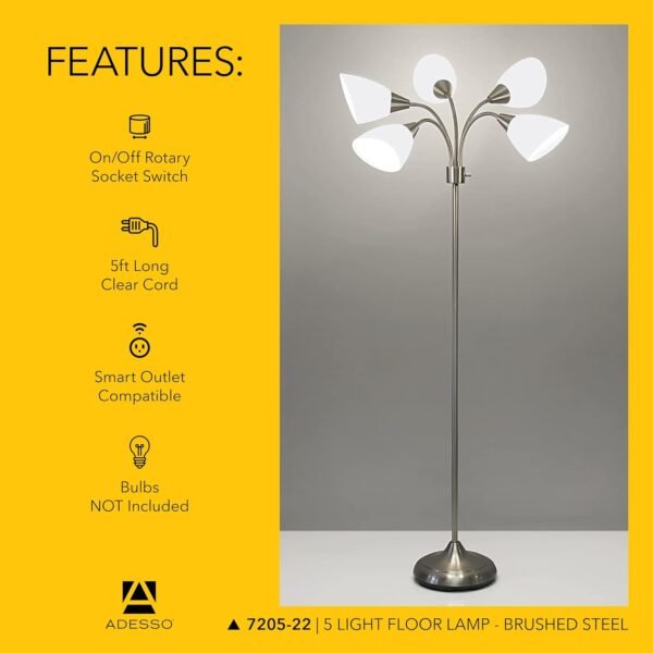 Explore recommended Adessso 7205-22 Multi-White Shade Floor Lamp, Adjustable Gooseneck Arm, Silver - Image 6