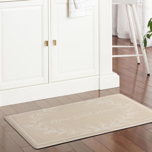 Explore the best Martha Stewart Bloomfield Home Sweet Home Leaf Frame Kitchen Mat, Comfort Standing Mat, Non-slip Backing, Water Resistant, Beige, 18"X30" - Image 3