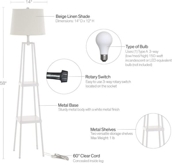 Grab affordable Catalina Lighting 19305-001 Modern Etagal floor lamp with shelf, standing lamp, living room light with shelf, LED bulb not included, 58", white - Image 4