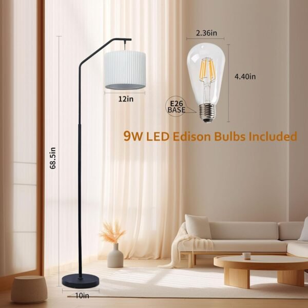 Explore the best 68" Floor Lamp, 9w Edison LED Bulb, Swingable Lamp Head Standing Lamp with Foot Switch with Pleated Lamp Shade, Tall Flavor Lamp Reading for Living Room Bedroom - Image 3