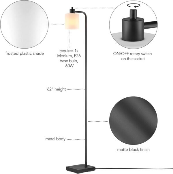Buy the best Globe Electric 61000144 62" Floor Lamp, Matte Black, Plastic Frost Shade, On/Off Floatry Switch On Socket, 6ft Black Code, Reading Light, Bedroom, Living Room, Home Decor - Image 9