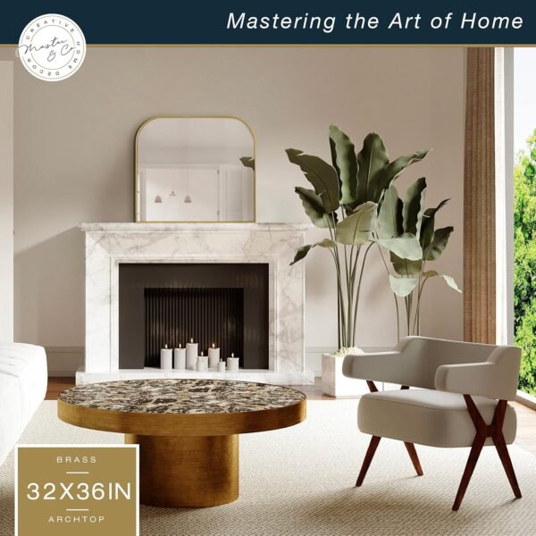 Order the best MCS Master & Co. Modern Metal Large Wall Mirror, Mantle Arch Mirror for Minimalist Home Decoration Living Room, Bedroom, or Bathroom, 36 x 32 inches, Brass - Image 3