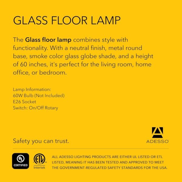 Order high-quality Adessso Gloves Antique Brass Finish Smoked Glass Floor Lamp - 60-inch Height, 10.5-inch Width Base - Image 8
