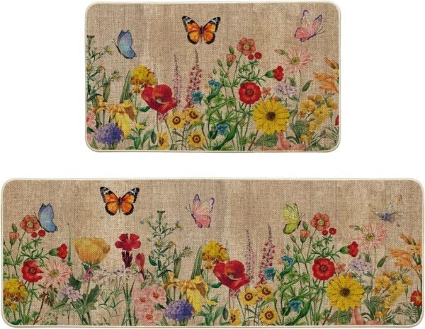 Buy affordable Artuido Mode Wood Flowers Butterfly Spring Kitchen Mat Set 2, Seasonal Home Decoration Low Profile Kitchen Rug for Floors - 17x29 and 17x47inch - Image 2