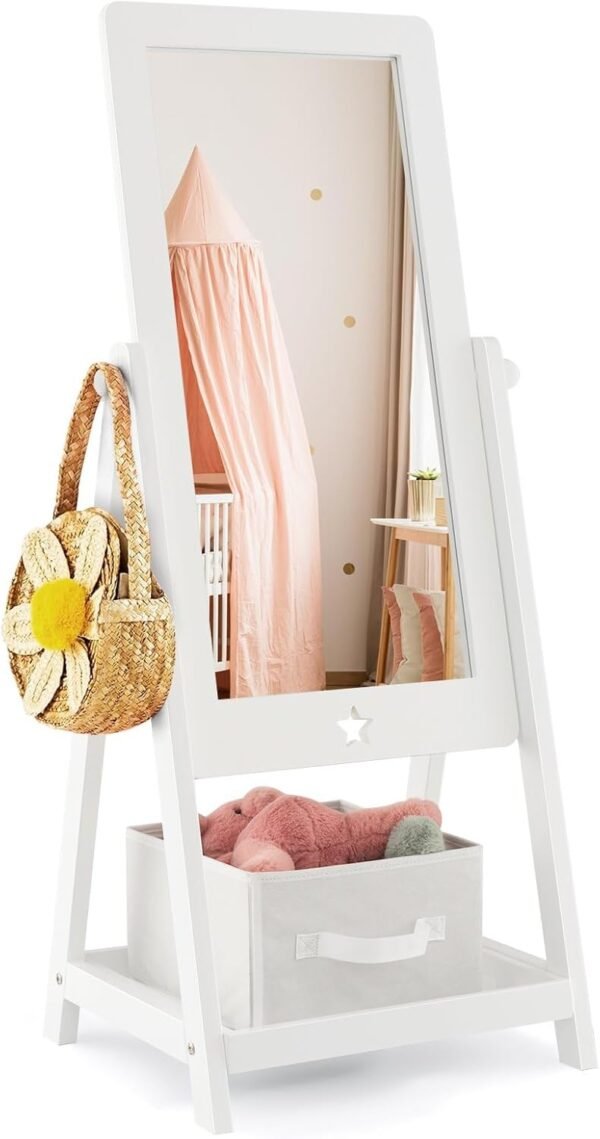 Buy the best Kids Full Length Mirror, Freestanding Wooden Mirror with bottom shelf, Storage Box, Side Hook, 360 Rectangular Relationship Degre - Image 2
