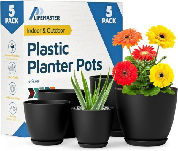 Buy the best Plant Pot with Multi-Drainage Holes - 5 Pieces Versatile Heavy Duty Plastic, Stackable Design Home Decoration Indoor and Outdoor Gardening Flower Pots - Black - Image 2