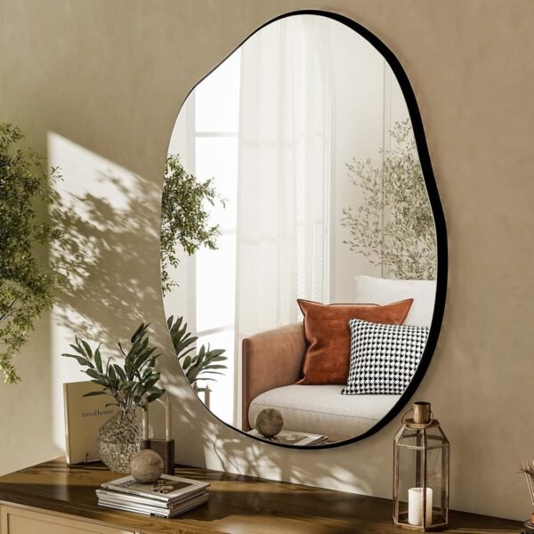 Explore affordable Harritpure Irregular Wall Mirror 24"x32" Black Asymmetric Bathroom Mirror Wood Framed Modern Decorative Vanity Mirror Living Room Entrance for Living Room - Image 2