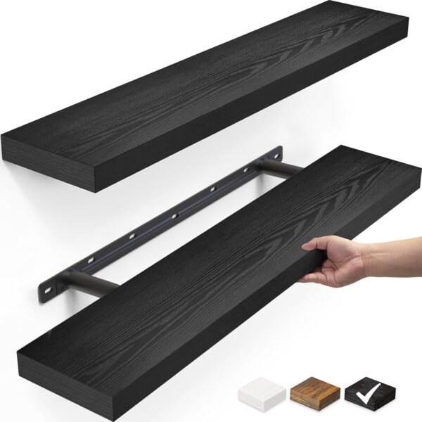 Explore the best Bi-Cufflate Shelf for Wall, 22.5" Rustic Wood Shelf for Hanging Shelf (Black, Set 2) for Bathroom, Bedroom, Living Room, Kitchen, Office, Book/Storage/Room Decoration Capacity - Image 2