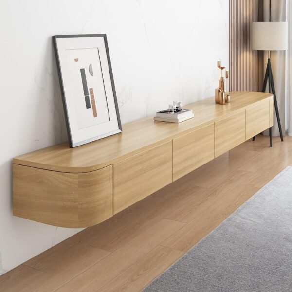 Explore the best Floating TV Cabinet - Wall mounted media storage unit, solid wood multimedia console for living room, 240cm/94.5in, stylish wall shelves, modern TV bench in wooden colours. - Image 2