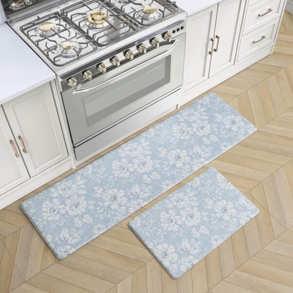 Explore the best Laura Ashley-Anti-Fatigue Kitchen Mat, Iris Floral Design, Stain, Water & Fade Resistant, Cooking & Standing Relief, Non-Slip Backing, 2 Piece Set: 17.5"x60"/17.5"x28" Light Blue Iris - Image 2