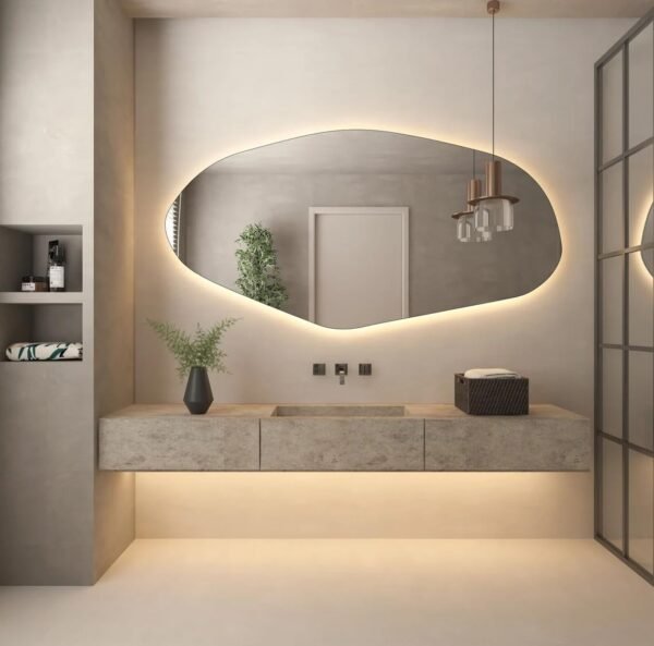 Grab affordable Asymmetric LED bathroom mirror, irregular shape vanity wall, bright modern full length backlight, frameless long wash basin light up (40"x20") - Image 2