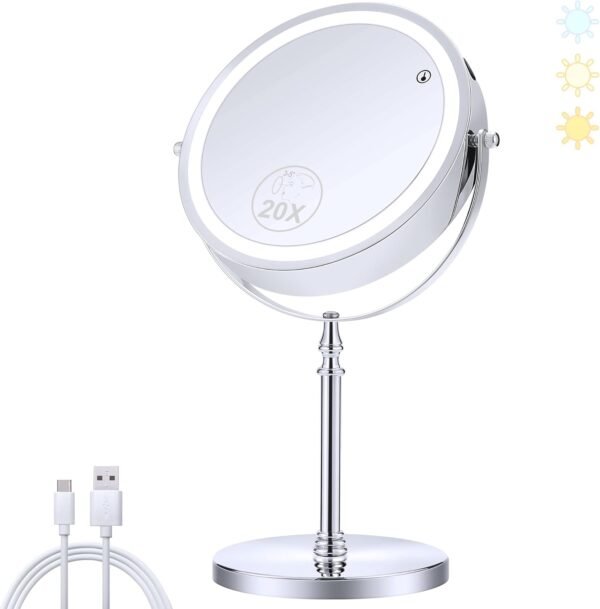 Grab affordable Miyadiva Lighted Makeup Mirror, 20x Magnification Mirror, 20x/1x Magnification, 360° Rotation, 3 Color Brightness Adjustable Vanity Mirror 42 LED, 2000mah - Image 2