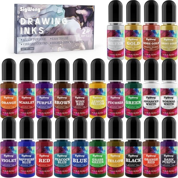 Grab high-quality Alcohol Ink Set - 24 Bottles Vibrant Color High Concentration Alcohol Based Ink, Concentrated Epoxy Resin Paint Color Resin Petri Cuisine, Coaster, Paint, Tumbler Cup Making (10ml each) - Image 2