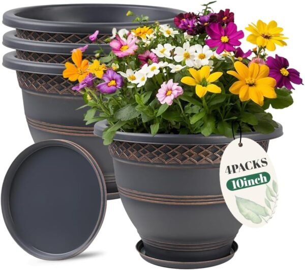 Grab the best 10 inch 4 pack large plant pot, plastic flower pot for outdoor and outdoor use, drain holes and saucers, plaid pattern APLANRS garden pot for herbs - Image 2