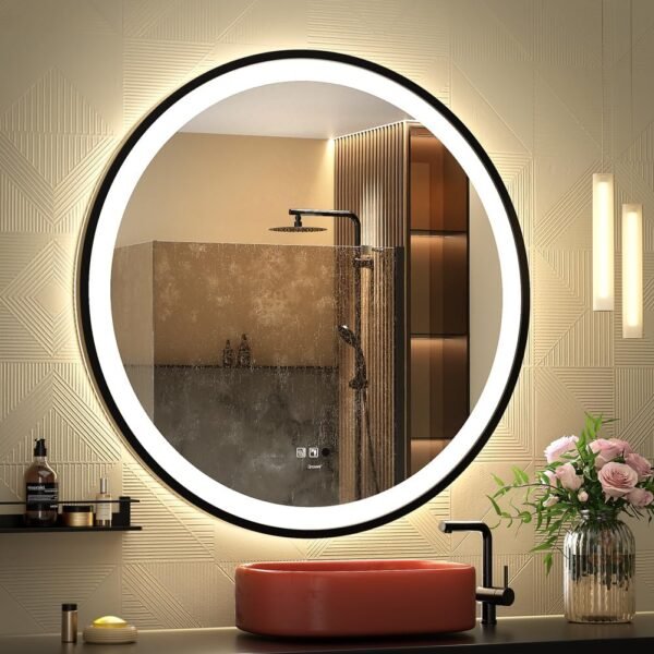Grab the best LED Sensor Mirror, Round Human Body Induction, Black Frame Vanity Mirror, Dim Fog IP44 Waterproof Wall Mount Mirror with Light (28"L x 28" w) - Image 2