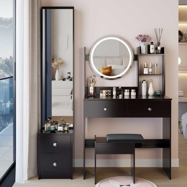 Grab the best Makeup Vanity Desk LED Light Mirror, Full Length Mirror Cabinet 4 Drawers, 3 Modes, Adjustable Color Brightness Dressing Table for Women Bedroom, Black (Black) - Image 2