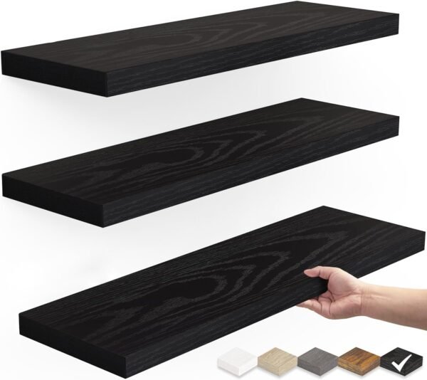 Order affordable Bica floating shelf for walls, rustic wooden shelf for bathroom, bedroom, living room, kitchen, hanging shelf for books/storage/room decoration (black, 3, 15.7 inches) - Image 2