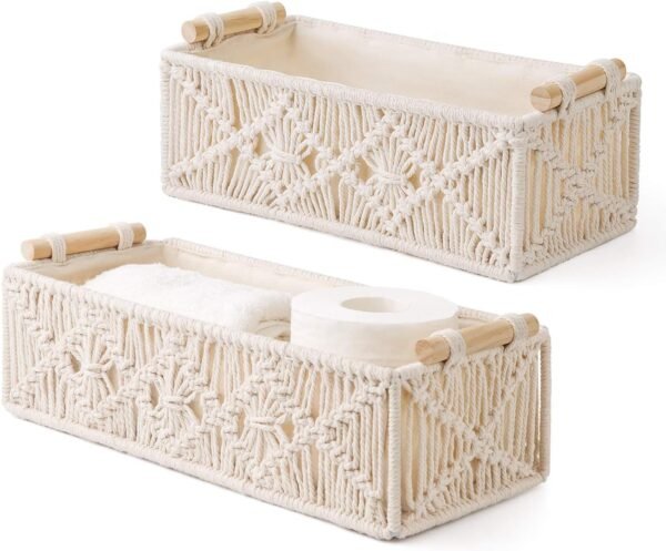 Order high-quality Mkono Macrame Storage Baskets Boho Decorative Box Handmade Woven Decorative Countertop Toilet Tank Shelf Cabinet Bedroom Living Room Home Organization, 2 Sets, Ivory Set - Image 2