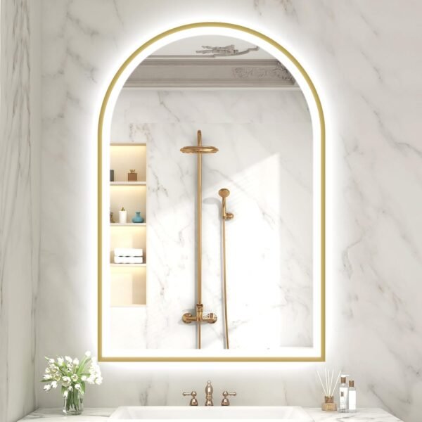 Order recommended S'Bagno 24x36 is an LED bathroom mirror with arched gold red mirror for bathrooms with front and backlight, metal frame, anti-fogg, dim stepless, 3-color temperature vanity mirror - Image 2