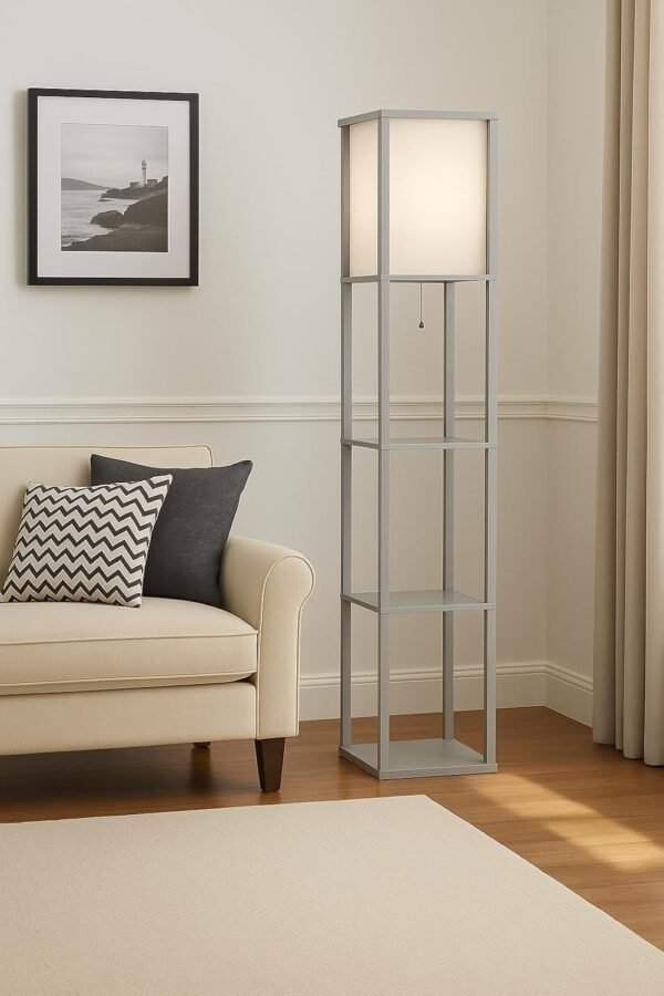 Order high-quality Modern grey shelf floor lamp with urban lifestyle fabric shade, tall standing lamp with 3-layer storage shelves, pull chain, perfect for living room, bedroom, office - Image 3