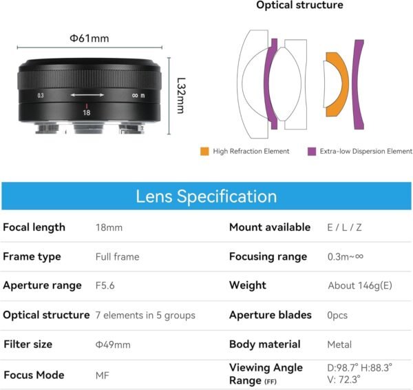 Explore recommended 7artisans 18mm F5.6 Full Frame Manual Focus Ultra Thin Lens Leica Panasonic L S1 S5 S9 SERISE DC-S1H, DC-S5M2, LUMIX S9 Mirrorless Camera - Image 6