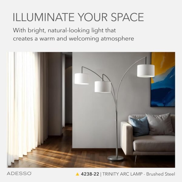 Order affordable Adessso Arc Floor Lamp with 3 Movable Shades and Harmonious Brightness - Perfect lighting for bedroom, living room, corner decoration, brushed steel - Image 3