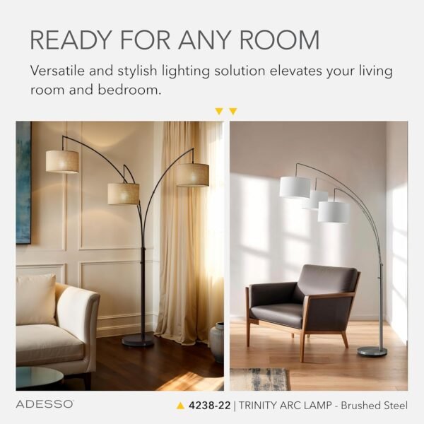 Order affordable Adessso Arc Floor Lamp with 3 Movable Shades and Harmonious Brightness - Perfect lighting for bedroom, living room, corner decoration, brushed steel - Image 4