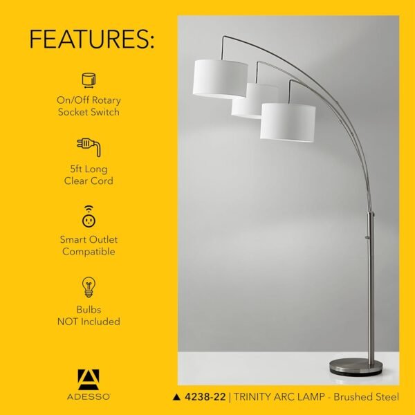 Order affordable Adessso Arc Floor Lamp with 3 Movable Shades and Harmonious Brightness - Perfect lighting for bedroom, living room, corner decoration, brushed steel - Image 6