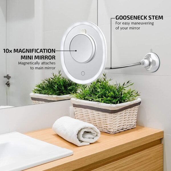 Explore affordable ovent 9'' Rechargeable Light Dead Mount Makeup Mirror Mini Magnetic 10x Magnetic Mirror, Touch Screen Dimming Lighting, Flexible Goose Neck, Suction Mount, White Mow22w - Image 3