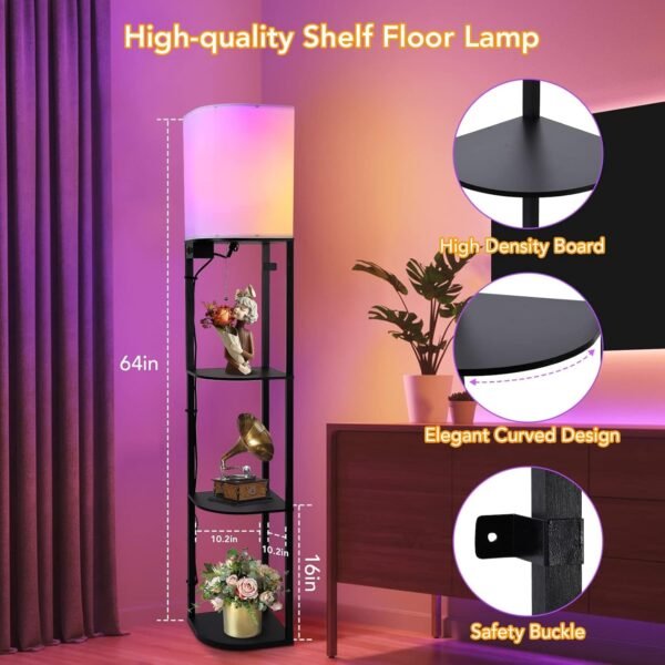 Explore high-quality Garmon floor lamp with shelf, smart RGB shelf floor lamp with 2 USB ports and 1 power outlet, bedroom, living room and office display - Classic Black - Image 3