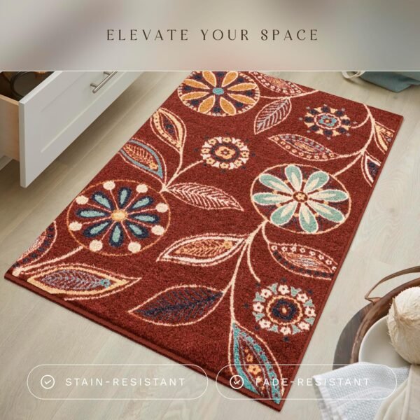 Explore high-quality Maple's Rug Regie Floral Kitchen Rug - Made in America - Washable, Non-slip Indoor Carpet, Foyer, Kitchen, Bathroom, 2'6 x 3'10, Merlot - Image 3