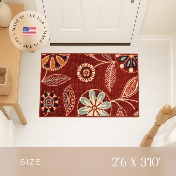 Explore high-quality Maple's Rug Regie Floral Kitchen Rug - Made in America - Washable, Non-slip Indoor Carpet, Foyer, Kitchen, Bathroom, 2'6 x 3'10, Merlot - Image 4