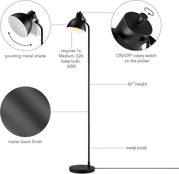 Order recommended Glove Electric 60" Floor Lamp, Matte Black, On/Off Floor Switch Socket, 6ft Black Code, Read Light, Bedroom, Living Room, Home Decor - Image 6
