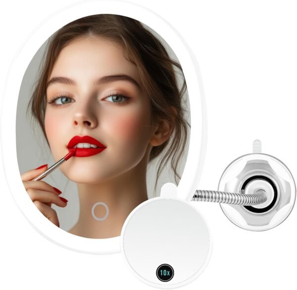 Explore affordable ovent 9'' Rechargeable Light Dead Mount Makeup Mirror Mini Magnetic 10x Magnetic Mirror, Touch Screen Dimming Lighting, Flexible Goose Neck, Suction Mount, White Mow22w - Image 2