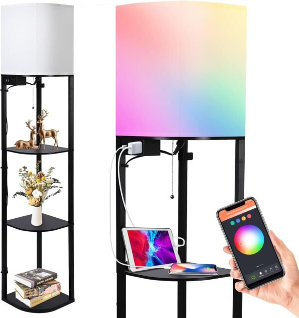 Explore high-quality Garmon floor lamp with shelf, smart RGB shelf floor lamp with 2 USB ports and 1 power outlet, bedroom, living room and office display - Classic Black - Image 2