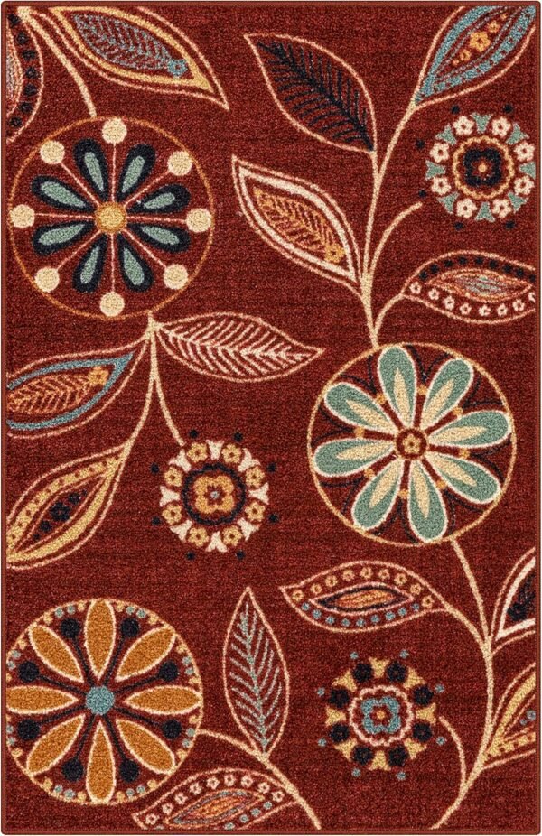 Explore high-quality Maple's Rug Regie Floral Kitchen Rug - Made in America - Washable, Non-slip Indoor Carpet, Foyer, Kitchen, Bathroom, 2'6 x 3'10, Merlot - Image 2